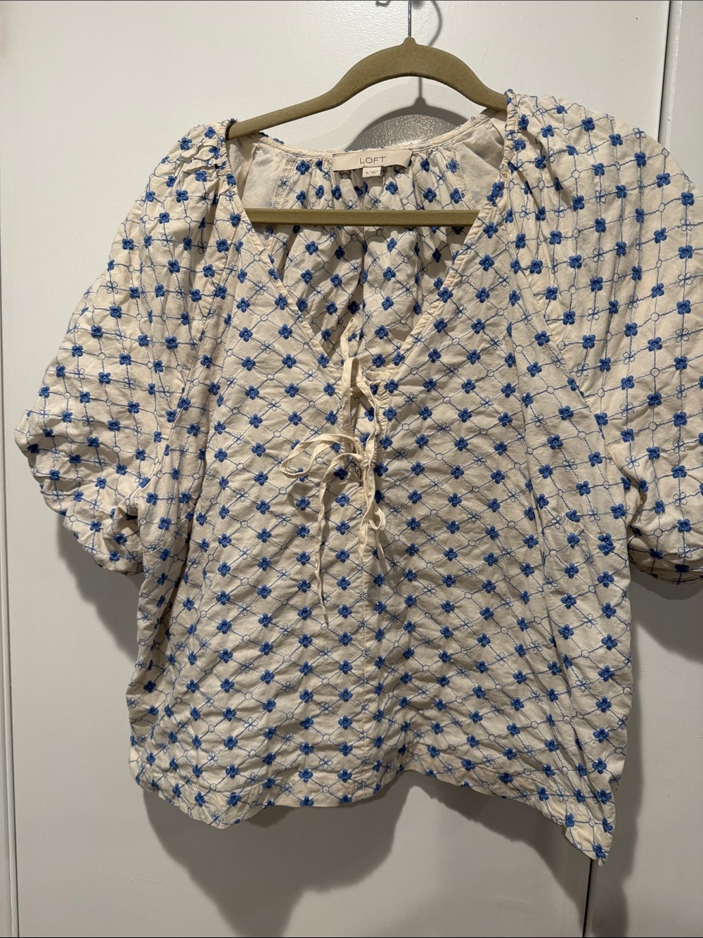 LOFT Cream Blouse with Blue Floral Embroidery
